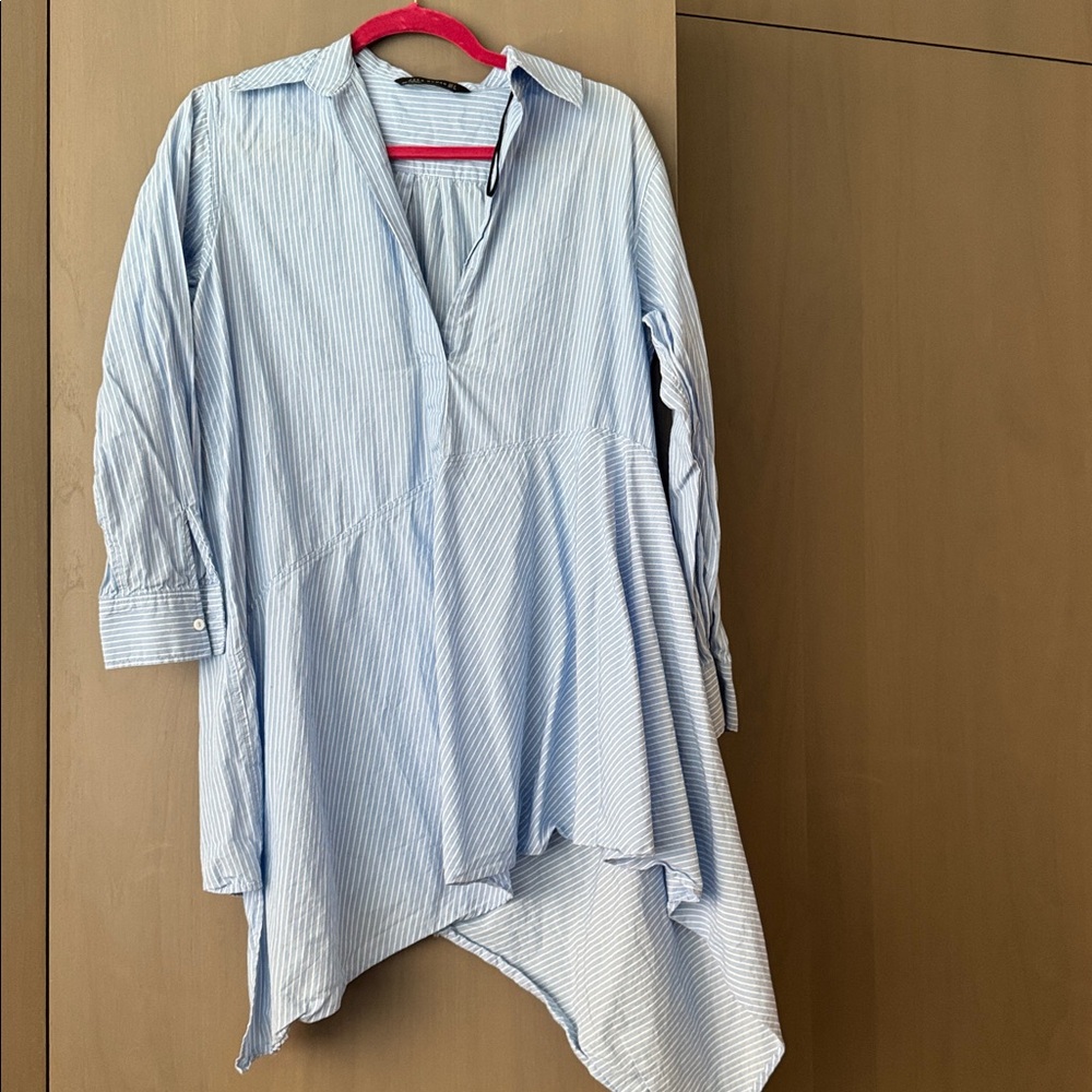 Striped Light Blue Tunic Dress with Asymmetric Hem